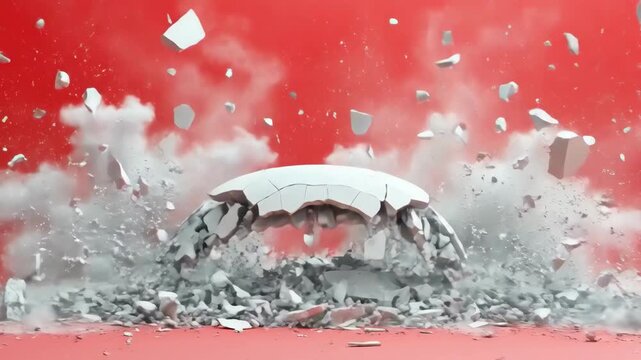 Exploding concrete ring against vibrant red background
