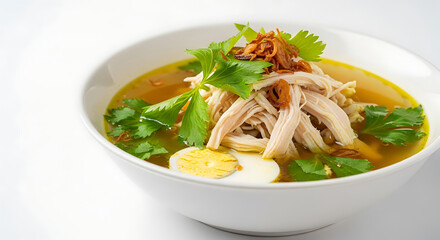 Top view of a delicious bowl of Chicken Soto, green onion, boiled egg, and lime on a bowl, white background