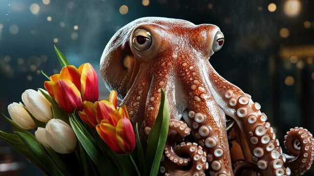 Octopus holding colorful tulips with tentacles in vibrant underwater setting. March 8, International Women's Day. Mother's Day. Spring