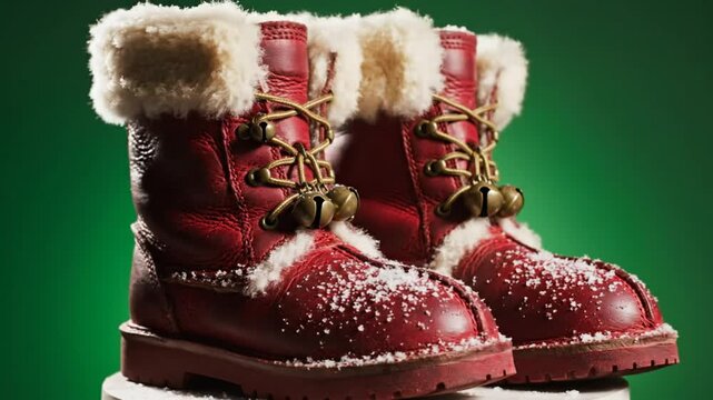 Festive red winter boots with furry trim and jingle bells resting on a snowy surface against a green backdrop