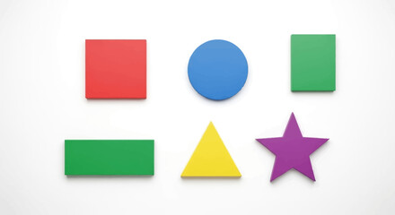 Vibrant assortment of geometric shapes in primary colors against a clean white backdrop