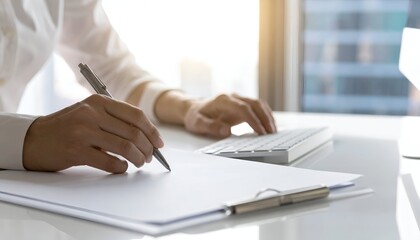 Person writing on paper, near a keyboard, with window in background
