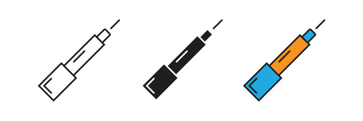 Precision tool icons featuring a syringe or technical cutter design in multiple styles for medical, laboratory, or crafting professional applications.