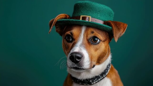 Cute dog, puppy in a leprechaun hat on a green background. Saint Patrick's Day theme concept. Banner. Copy space. Mock up