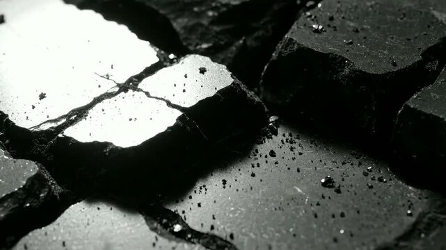 Shattered black material surface with sharp fragments reflecting bright light