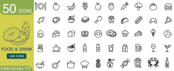 Food and drink line icon set collection. Simple vector illustration with graphic symbol elements for meals and beverages. Perfect minimalist pictogram for web and menu design