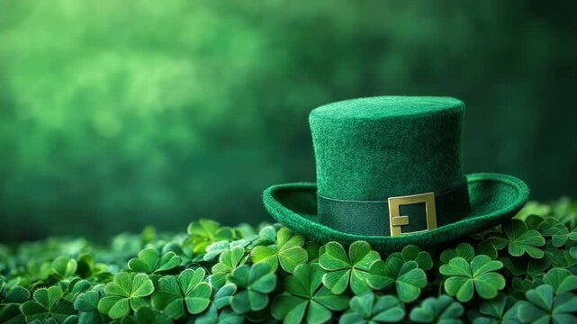 Happy Saint Patrick`s day. Banner with clover leaves, green hat,gold coins on the background of golden bokeh. Symbols of luck. Flyer or Poster Template. Copy space. Mock up.