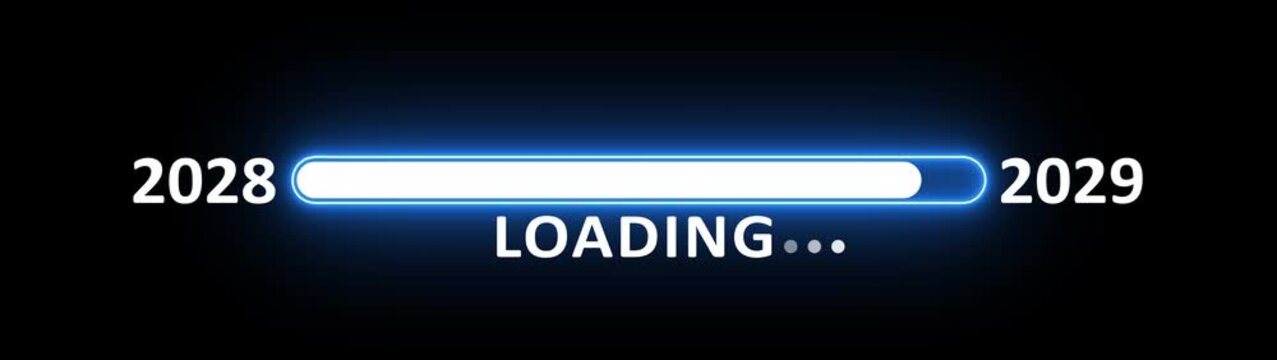 New year 2029 loading bar animation year changing from 2028 to 2029. New year 2029 loading bar animation transition from 2028 on black background. Almost reaching new year.