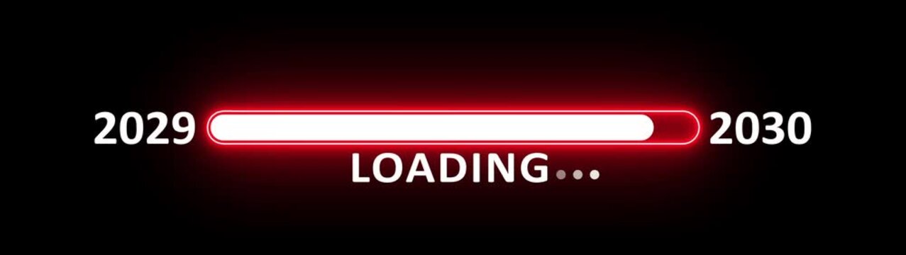 New year 2030 loading bar animation year changing from 2029 to 2030. New year 2030 loading bar animation transition from 2029 on black background. Almost reaching new year.