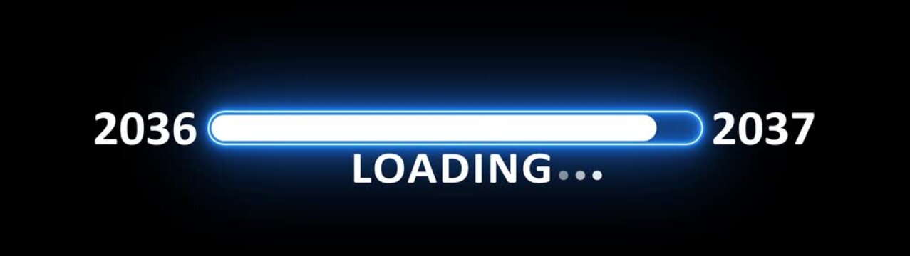 New year 2037 loading bar animation year changing from 2036 to 2037. New year 2037 loading bar animation transition from 2036 on black background. Almost reaching new year.
