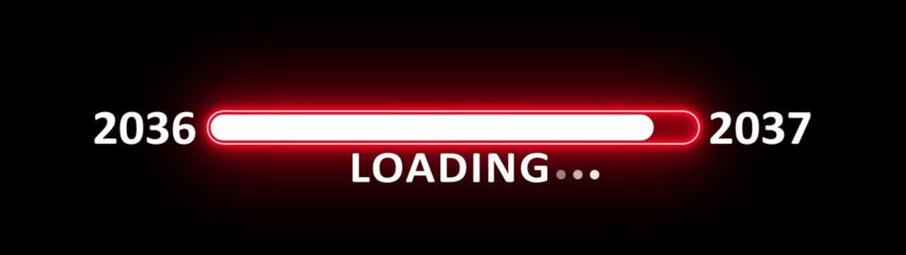 New year 2037 loading bar animation year changing from 2036 to 2037. New year 2037 loading bar animation transition from 2036 on black background. Almost reaching new year.
