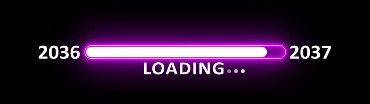 New year 2037 loading bar animation year changing from 2036 to 2037. New year 2037 loading bar animation transition from 2036 on black background. Almost reaching new year.