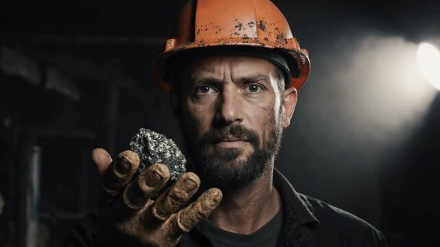 Serious Miner Holding Coal in Gloved Hand in Dark Industrial Setting