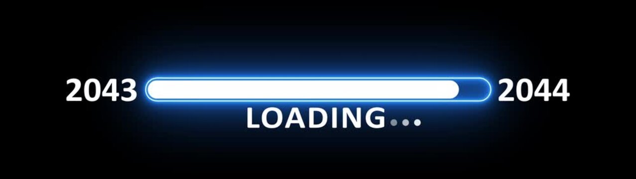 New year 2044 loading bar animation year changing from 2043 to 2044. New year 2044 loading bar animation transition from 2043 on black background. Almost reaching new year.
