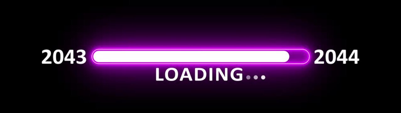 New year 2044 loading bar animation year changing from 2043 to 2044. New year 2044 loading bar animation transition from 2043 on black background. Almost reaching new year.