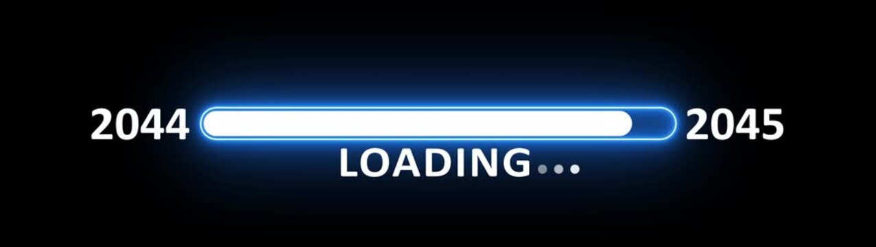 New year 2045 loading bar animation year changing from 2044 to 2045. New year 2045 loading bar animation transition from 2044 on black background. Almost reaching new year.
