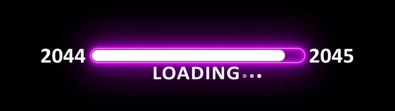 New year 2045 loading bar animation year changing from 2044 to 2045. New year 2045 loading bar animation transition from 2044 on black background. Almost reaching new year.
