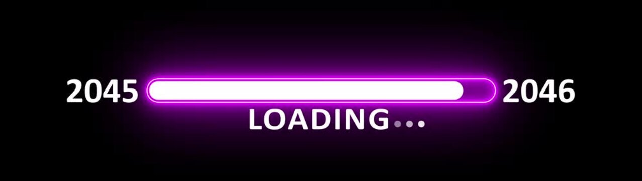 New year 2046 loading bar animation year changing from 2045 to 2046. New year 2046 loading bar animation transition from 2045 on black background. Almost reaching new year.