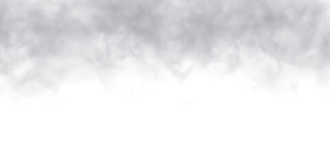 Gray smoke drifts between white clouds with swirl, haze patterns on white background. Mist, steam highlight atmospheric phenomena, creating realistic thunder, storm, vapor, fog textures. PNG vector.