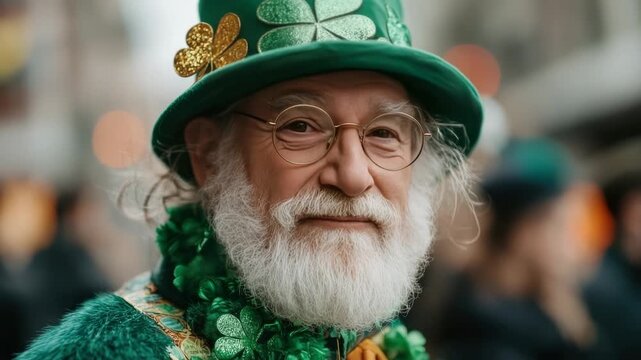 Happy Senior man wearing leprechaun costume on the background of the parade on St. Patrick's Day.