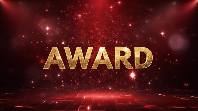 Gold and red award text animation on a cinematic stage with particles. Prestigious achievement, winner celebration, and excellence ceremony for luxury branding.