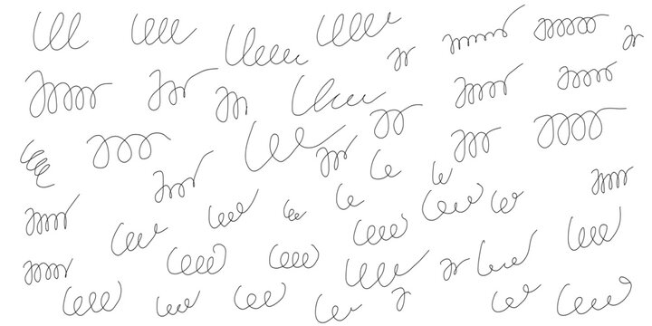 Black lines of spirals, springs, icons geometrically looped, shapes coiled, squiggles in graphics, zigzagging wires, oval thin designs, circle doodles. Flat vector illustrations isolated on white back