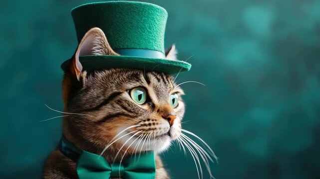 Cute cat in a leprechaun hat on a green background. Saint Patrick's Day theme concept