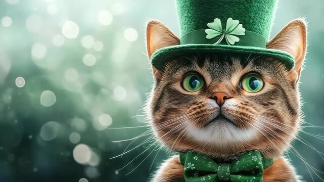 Cute cat in a leprechaun hat on a green background. Saint Patrick's Day theme concept