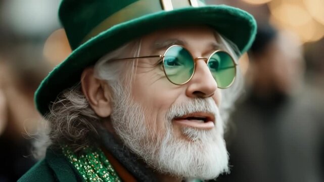Happy Senior man wearing leprechaun costume on the background of the parade on St. Patrick's Day.