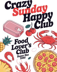 Colorful food and seafood with text crab shrimp 1 pineapple