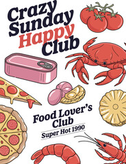 Colorful food and seafood with text pizza tomatoes