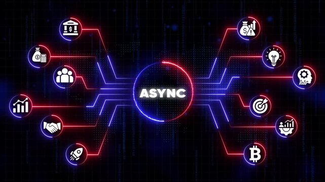 A S Y N C Concept with Business Finance and Technology on Neon Network Background Representing Modern Digital Communication and Data Exchange