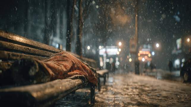 Homeless person sleeping on a snowy park bench during a cold winter night with falling snow and city lights in the background