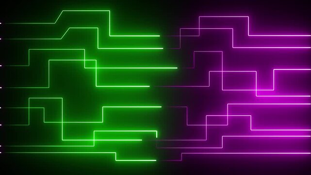 Abstract circuit board icon glowing neon lines. Close-up of computer processors technology concept black background. 4k animation video..