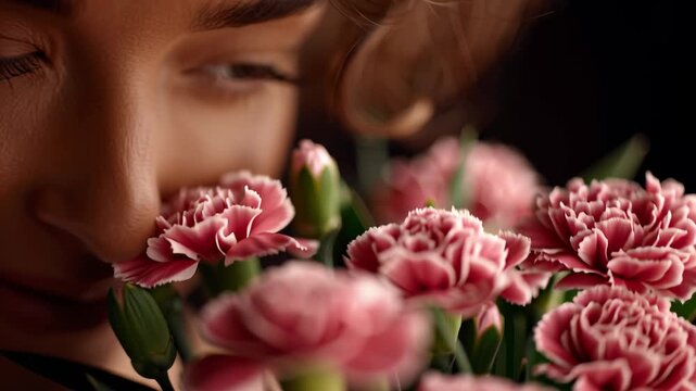 A man presents a woman with a bouquet of bright flowers, dramatic black background, strong emphasis on the colorful bouquet, faces partially hidden or out of focus, elegant minimalist composition
