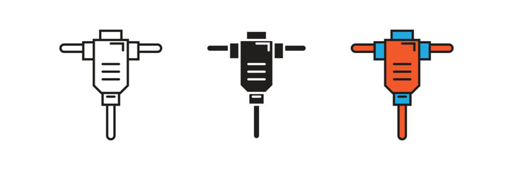 Obraz premium Heavy-duty pneumatic jackhammer icons for demolition, road construction, and industrial drilling concepts, designed in clean vector line and flat styles.