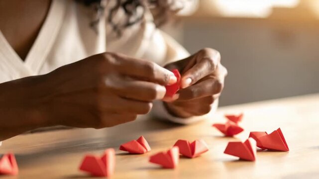 Person's hands folding red origami paper hearts on a wooden table