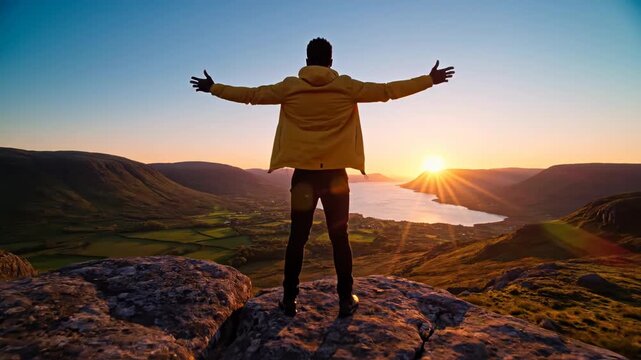 Man standing on a rocky outcrop with arms outstretched at sunset or sunrise