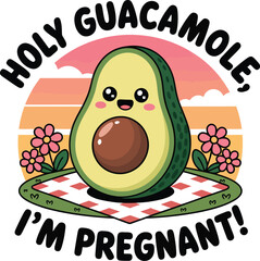 Cute cartoon avocado with pink cheeks on checkered plate surrounded by flowers