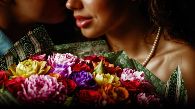 A man presents a woman with a bouquet of bright flowers, dramatic black background, strong emphasis on the colorful bouquet, faces partially hidden or out of focus, elegant minimalist composition
