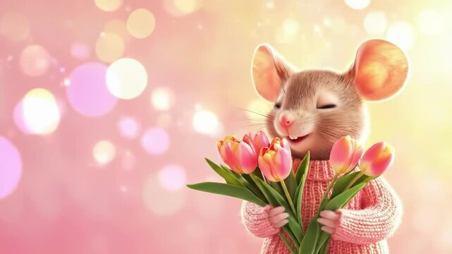 Cute mouse holding tulips in sweater against pink sparkling background. March 8, International Women's Day. Mother's Day. Spring