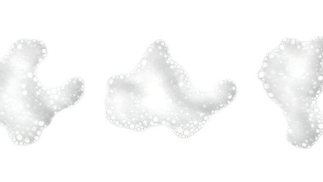 Three abstract amoeba shapes made of white foam texture against a solid black background isolated on transparent background
