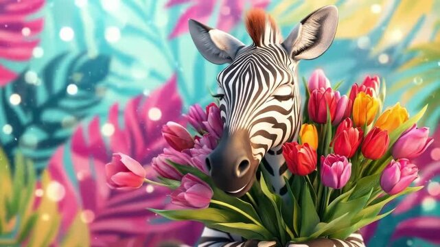Zebra holding colorful tulips on a vibrant leaves background. March 8, International Women's Day. Mother's Day. Spring