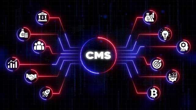 C M S Management System and Symbols on Neon Background with Financial and Technological Concepts financial technological symbols