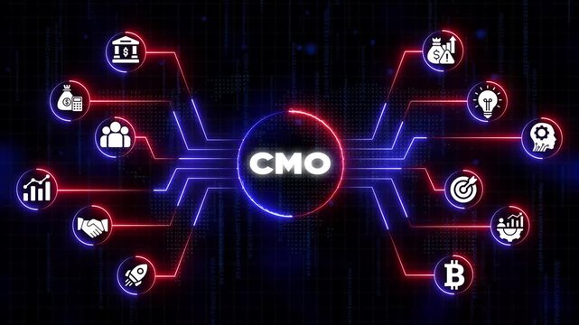 C M O Marketing Strategy Concept with Financial and Technology on Neon Network Background finance