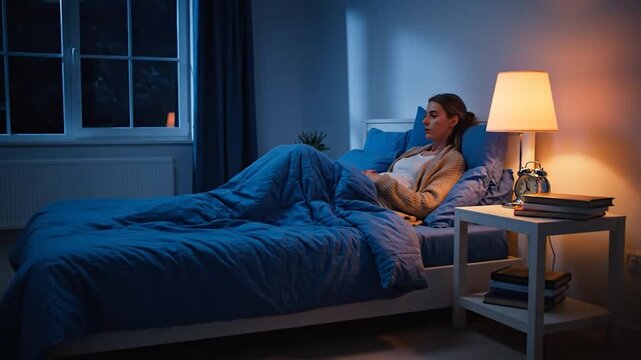 Pregnant woman awake in bed at night with sleeplessness and discomfort