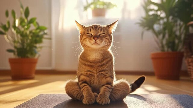 Relaxed tabby cat enjoying sunlight in cozy room with houseplants