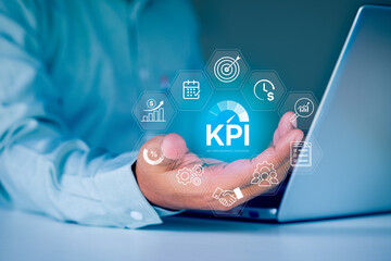 Business KPI Performance Dashboard, Analytics Metrics, Management Strategy Icons and Virtual Digital Interface on Human Hand, Key performance indicator visualization, corporate planning transformation © LAONG