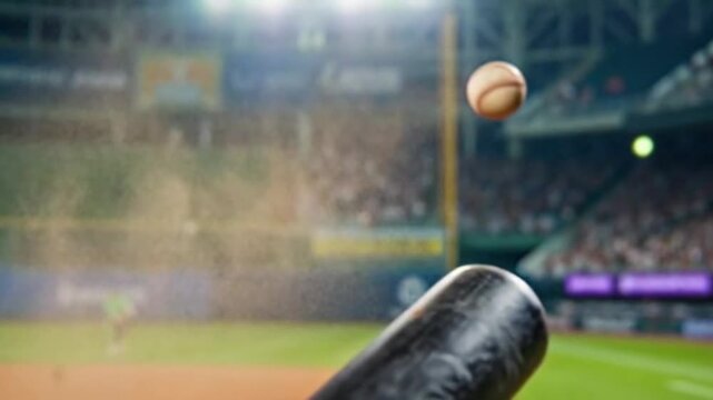 A baseball bat and ball in action during a game at a stadium with blurred spectators in the background, capturing a dynamic moment.