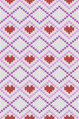 Colorful Knitted Pattern with Heart Motifs in Red, Purple, and White for Cozy Winter Textiles and Creative Design Projects
